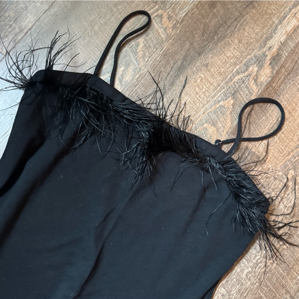 Black Feather Trim Mini Dress - Picture 2 of 7